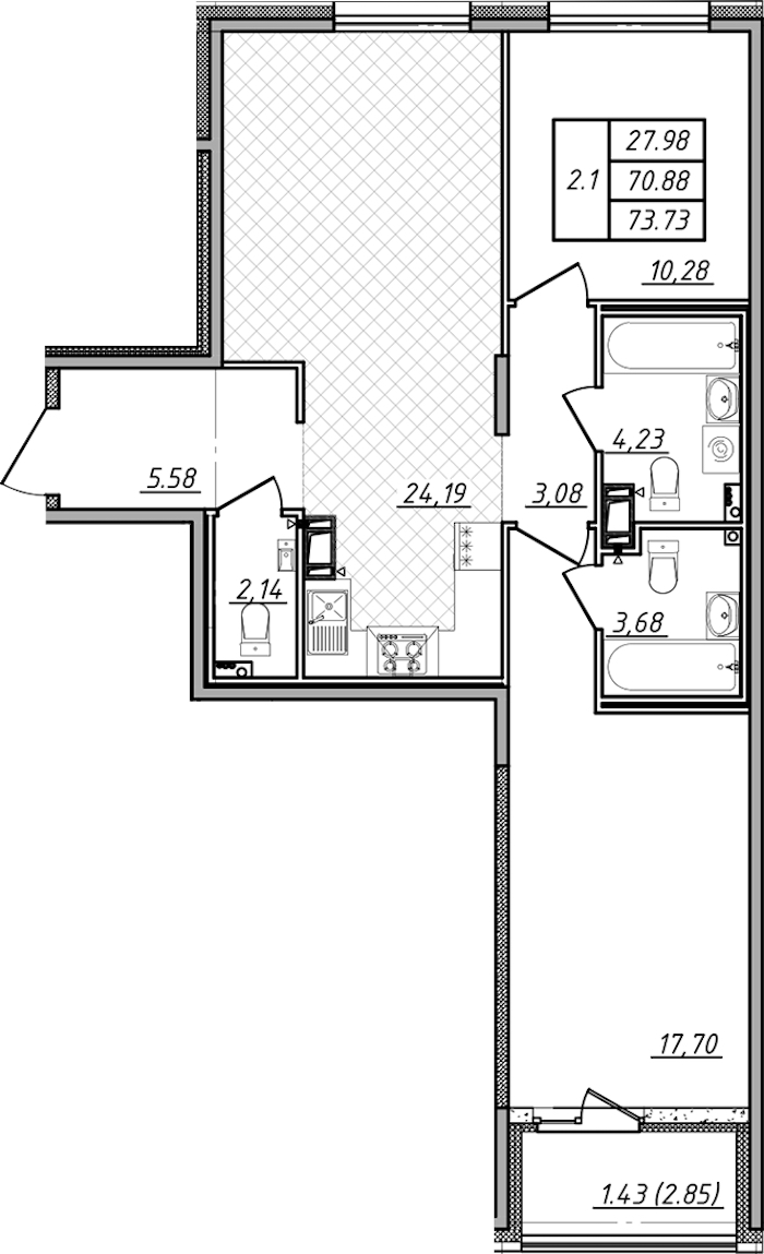 2-комнатная квартира 70.88 м², 2/12 эт., ЖК «Чёрная речка»